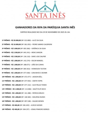 GANHADORES DA RIFA DA PARQUIA SANTA INS - 2025