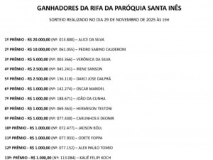 GANHADORES DA RIFA DA PARQUIA SANTA INS - 2025